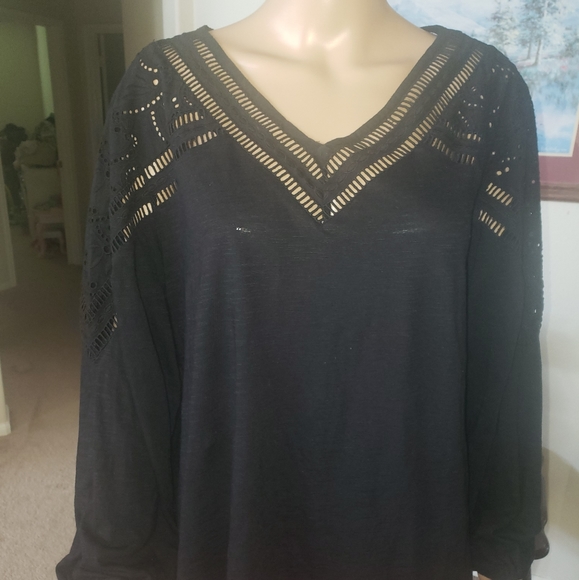 Chico's XLP flowy longsleeve crocheted yoke woven modal blend light airy luxury - Picture 3 of 10